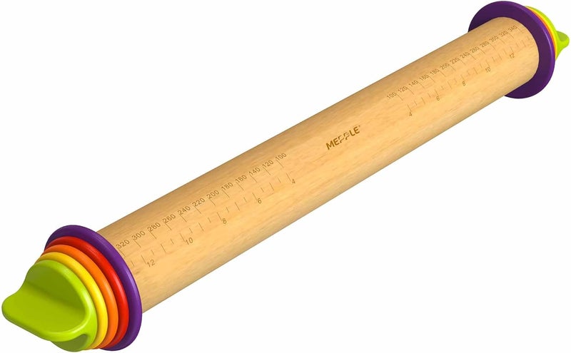 Mepple Rolling Pin with Thickness Rings for Baking,Fondant, Pizza, Pie Crust, Cookie, Pastry, Roller Rod for Dough Thickness, 13.6" Adjustable Wooden Rolling Pin with 4 Thickness Rings - Image 1