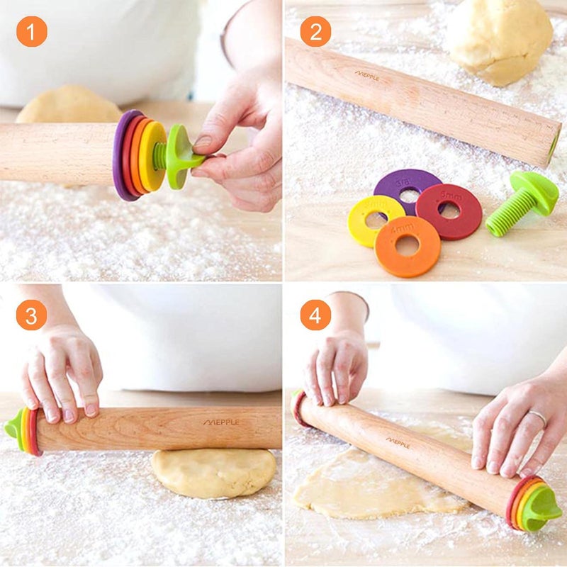 Mepple Rolling Pin with Thickness Rings for Baking,Fondant, Pizza, Pie Crust, Cookie, Pastry, Roller Rod for Dough Thickness, 13.6" Adjustable Wooden Rolling Pin with 4 Thickness Rings - Image 3