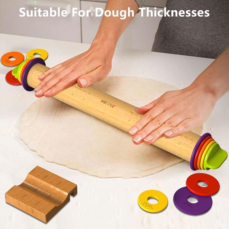 Mepple Rolling Pin with Thickness Rings for Baking,Fondant, Pizza, Pie Crust, Cookie, Pastry, Roller Rod for Dough Thickness, 13.6" Adjustable Wooden Rolling Pin with 4 Thickness Rings - Image 2