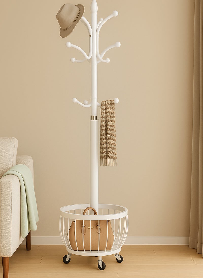 SHEE ONE 2-in-1 Clothes Rack with Smart Hook Distribution by SHEE ONE | Mobile Clothes Hanger with Wheels and Bottom Storage Basket | Elegant Coat Stand with a Circular Modern Design | Multi-Use Abaya Rack for Entryways and Bedrooms | 170×40×40 cm - Image 5