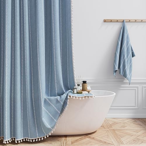 BTTN Boho Farmhouse Shower Curtain, Linen Rustic Weighted Striped Fabric Shower Curtain Set with Tassel, Water Repellent, Bohemian Vintage Country Cloth Shower Curtains for Bathroom, Blue, 72x72 - Image 1
