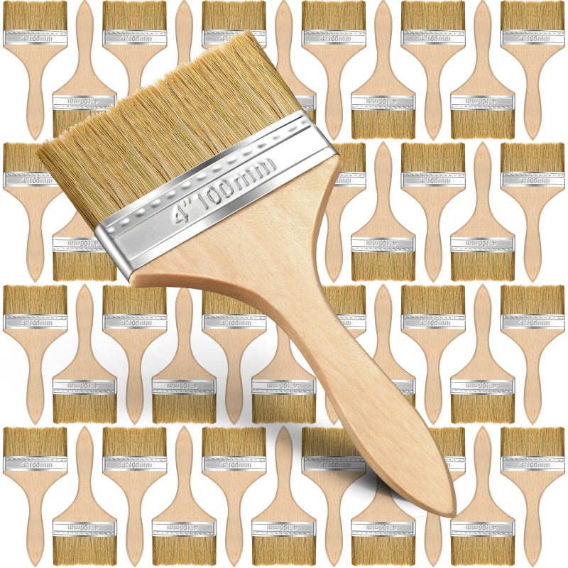 Remerry 96 Pcs 4 Inch Paint Brushes Bulk Natural Bristle Chip Brushes with Wooden Handle Flat Art Applicators for Wall Furniture Kids Fences Details