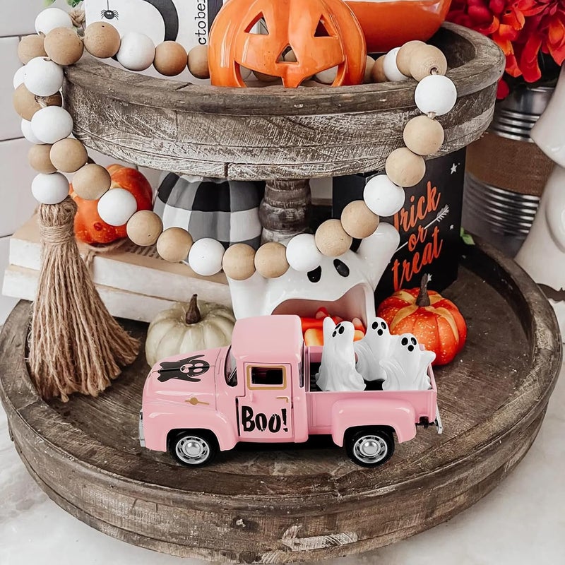 CRAFLOX Halloween Truck Decor, Pink Halloween Ghost Truck Decorations for Home Indoor, Mini Cute Ghost Tiered Tray Decor, Farmhouse Kitchen Tabletop Centerpiece Decorations - Image 2