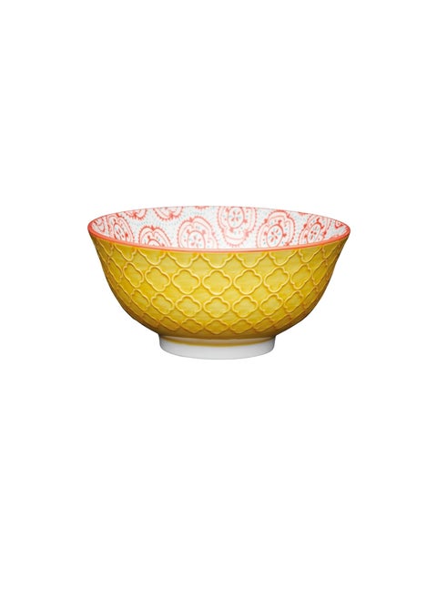 KitchenCraft Glazed Stoneware Bright Yellow Floral Bowl for thinKitchen:, Moroccan Stripe Pattern, Multi Colour Ceramic Bowls with Footed Base, Microwave & Dishwasher Safe, 15.7 cm