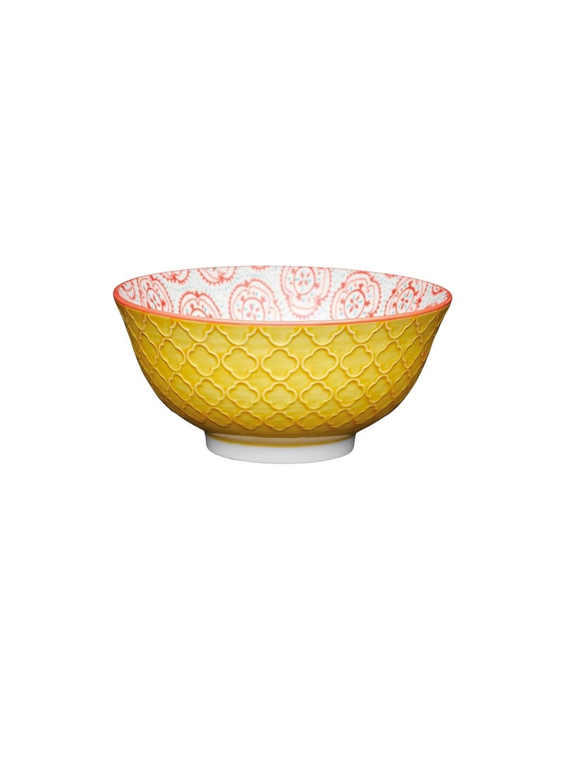 KitchenCraft KitchenCraft Glazed Stoneware Bright Yellow Floral Bowl for thinKitchen:, Moroccan Stripe Pattern, Multi Colour Ceramic Bowls with Footed Base, Microwave & Dishwasher Safe, 15.7 cm  - Image 1