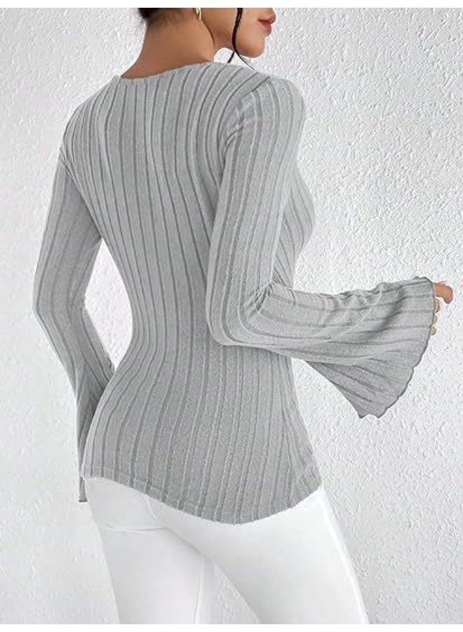 general Ribbed stripe V-neck fitted long-sleeved women's t-shirt - Image 2