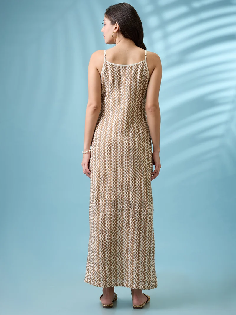 globus Women Brown Crochet Chevron Pattern Strappy Sleeves Side Slit Sheath Maxi Dress