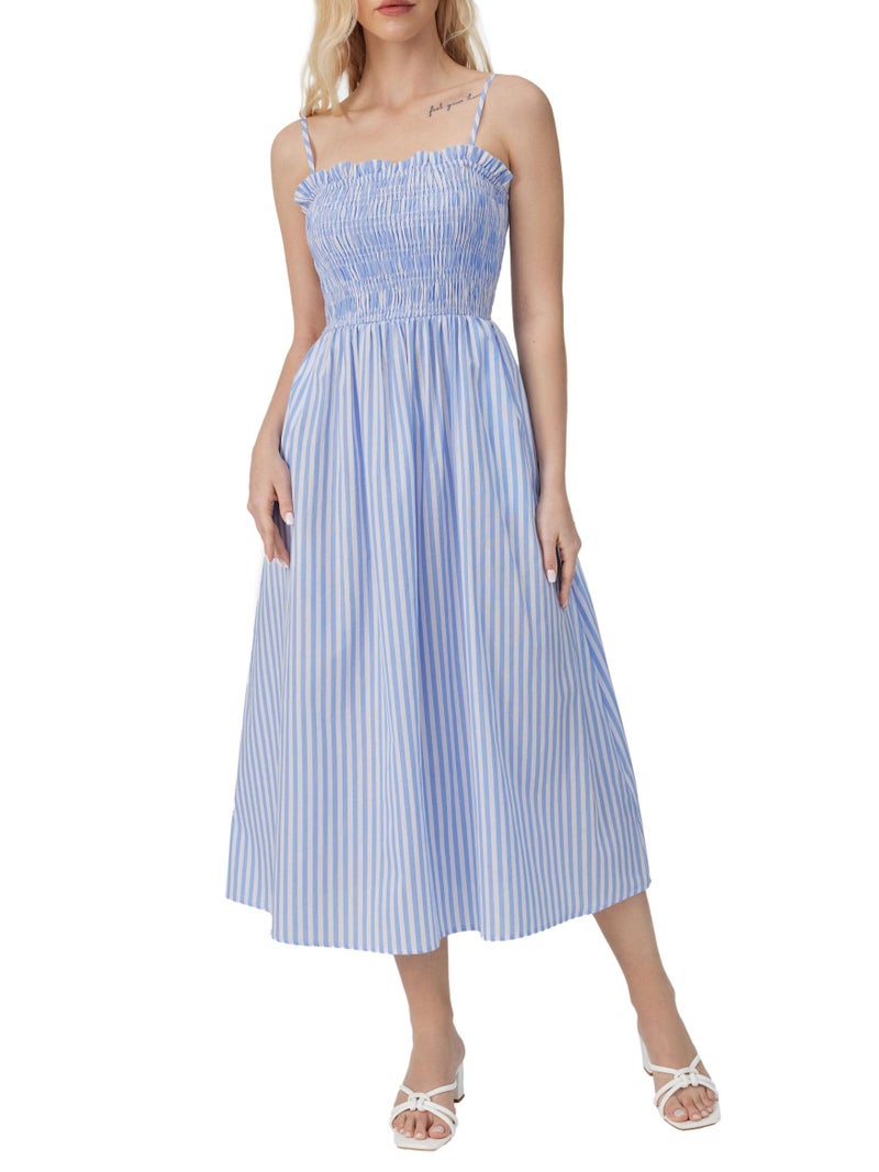 CIDER Womens Striped Dress Sundress Spaghetti Strap Casual Flowy A Line Midi Beach Vacation Dress with Pockets Blue - Image 5