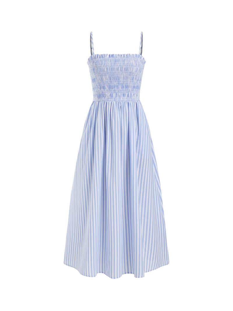 CIDER Womens Striped Dress Sundress Spaghetti Strap Casual Flowy A Line Midi Beach Vacation Dress with Pockets Blue - Image 1