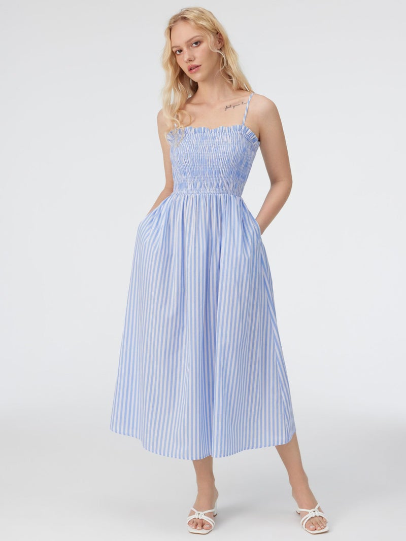 CIDER Womens Striped Dress Sundress Spaghetti Strap Casual Flowy A Line Midi Beach Vacation Dress with Pockets Blue - Image 2