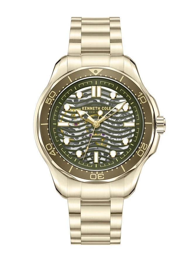 كينيث كول نيو يورك ساعة رجالية أوتوماتيكية 44 مم بقرص أخضر وسوار ستانلس ستيل ذهبي