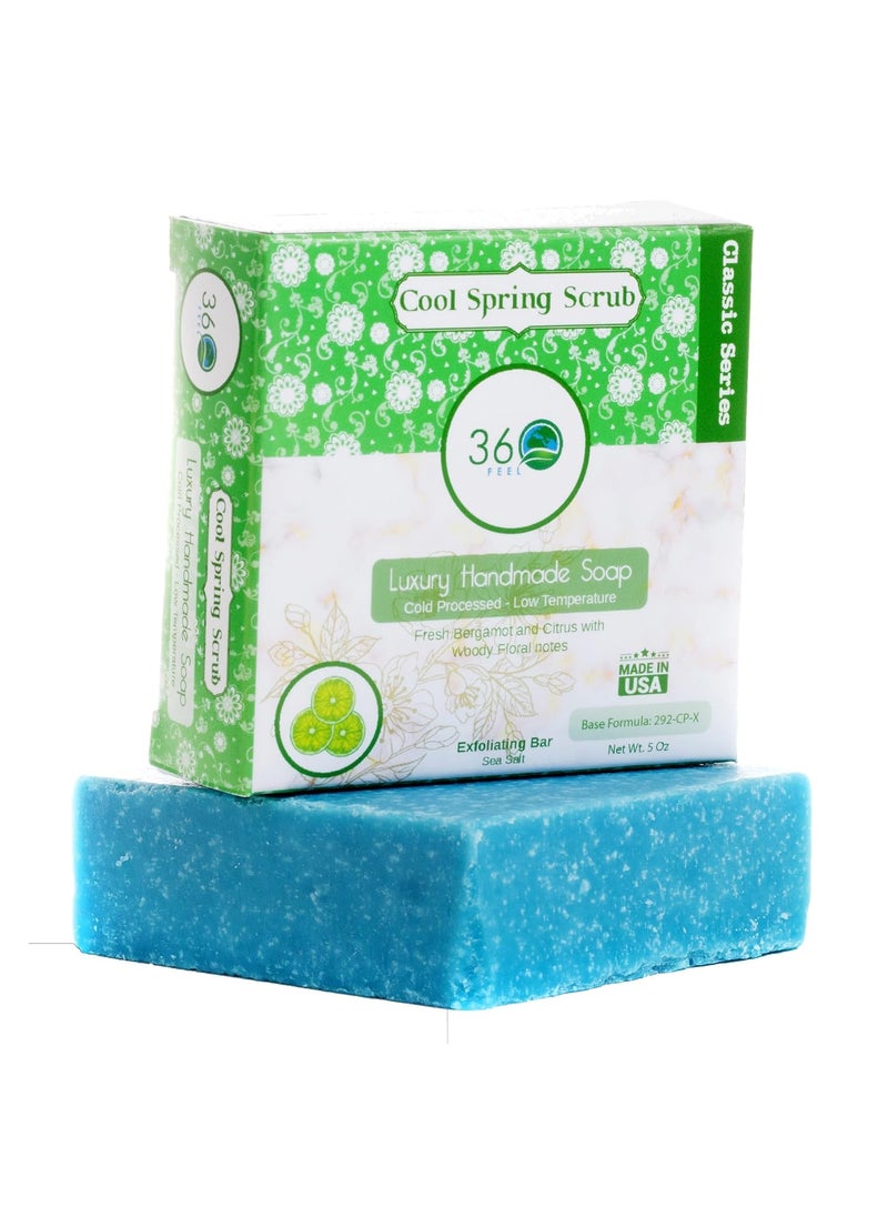 360Feel Mens Cool Spring Scrub Soap 5oz Castile Handmade Soap bar Bold Masculine fresh bergamot citrus woody floral notes Essential Oil Natural Soaps Gift ready 