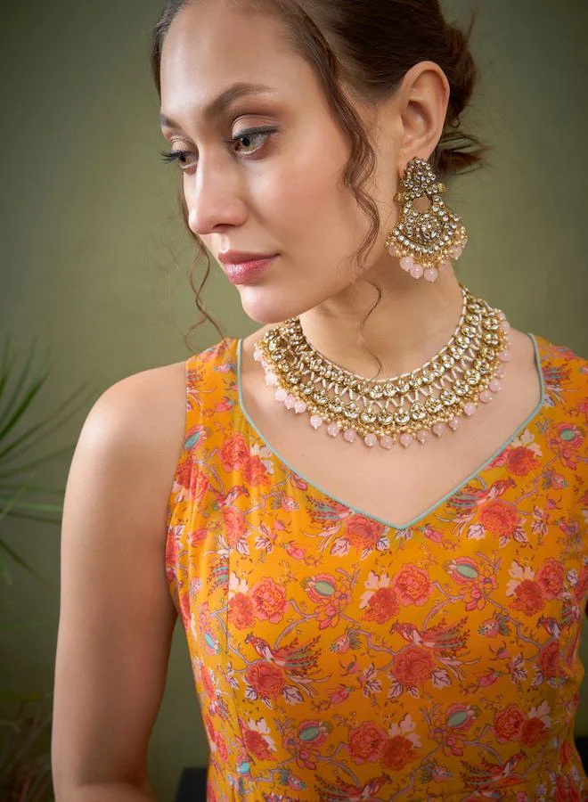 SASSAFRAS Floral Print Sweetheart Neck Anarkali Kurta by Styli