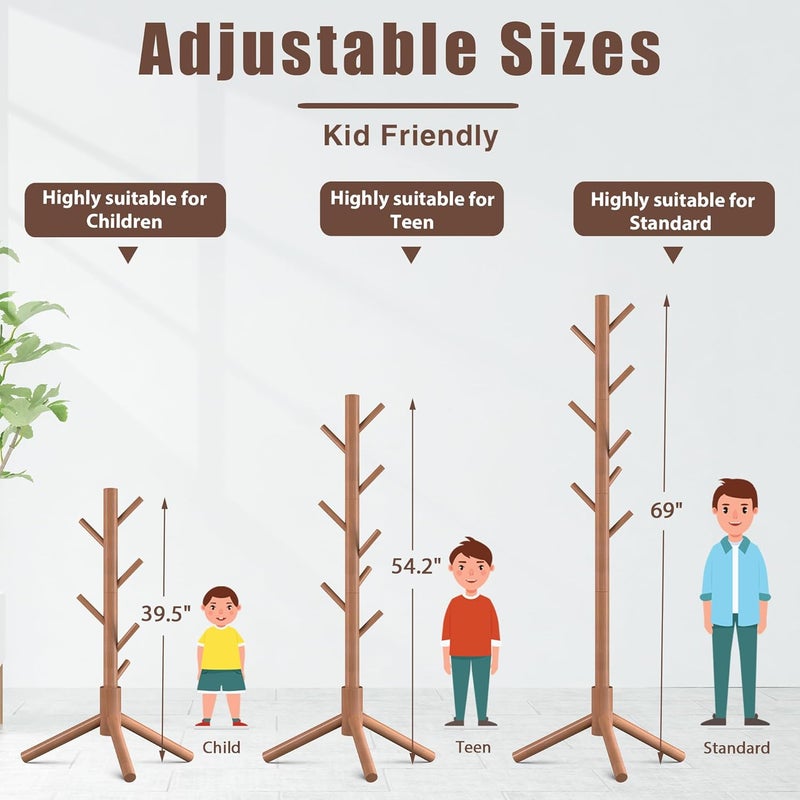 Haddockway Wooden Coat Rack Stand with 8 Hooks New Zealand Pine Adjustable Coat Standing Tree Easy Assembly for Coats, Hats, Scarves and Handbags for Entryway, Hallway, Bedroom, Office,2 PCS - Image 5