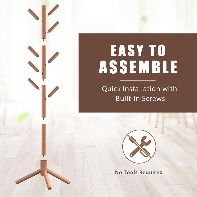 Haddockway Wooden Coat Rack Stand with 8 Hooks New Zealand Pine Adjustable Coat Standing Tree Easy Assembly for Coats, Hats, Scarves and Handbags for Entryway, Hallway, Bedroom, Office,2 PCS - Image 4