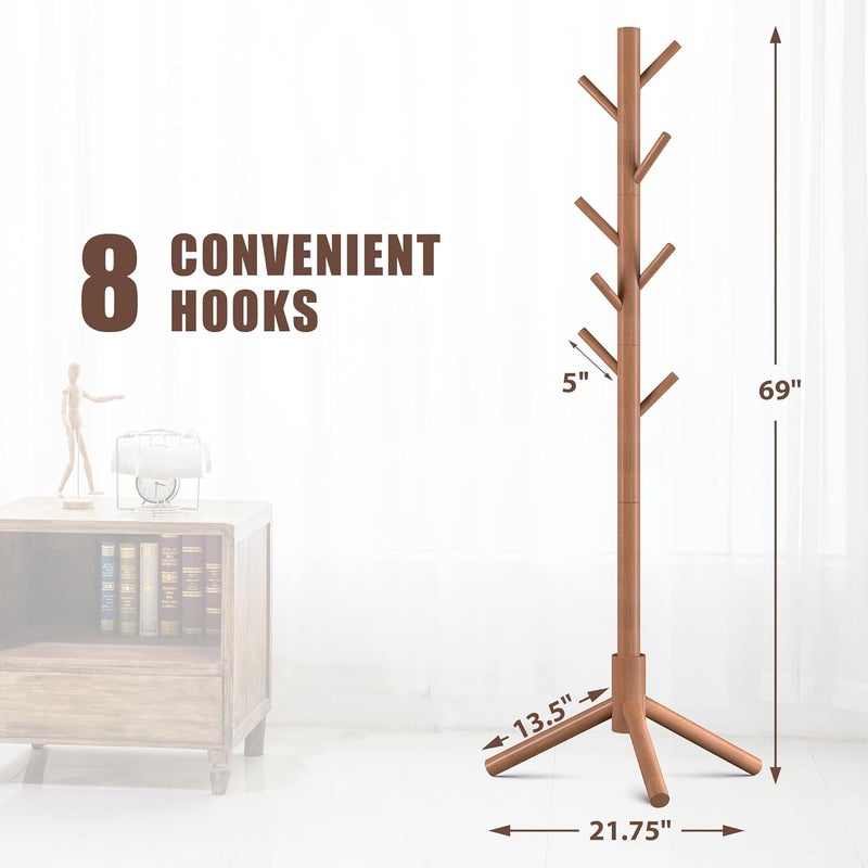 Haddockway Wooden Coat Rack Stand with 8 Hooks New Zealand Pine Adjustable Coat Standing Tree Easy Assembly for Coats, Hats, Scarves and Handbags for Entryway, Hallway, Bedroom, Office,2 PCS - Image 2