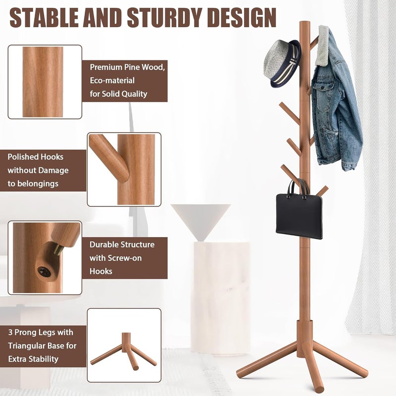 Haddockway Wooden Coat Rack Stand with 8 Hooks New Zealand Pine Adjustable Coat Standing Tree Easy Assembly for Coats, Hats, Scarves and Handbags for Entryway, Hallway, Bedroom, Office,2 PCS - Image 3