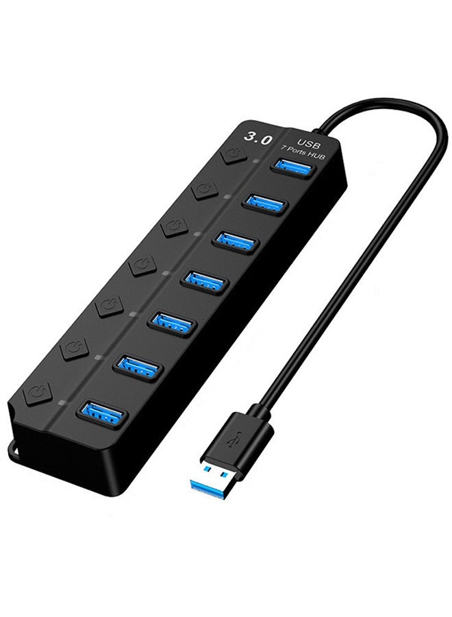 7 in 1 USB Hub USB Splitter 3.0 with Individual LED, Multiport USB C Adapter Dongle, Portable USB Port Extender for Laptops PC MacBook Mac Pro and More (Black)