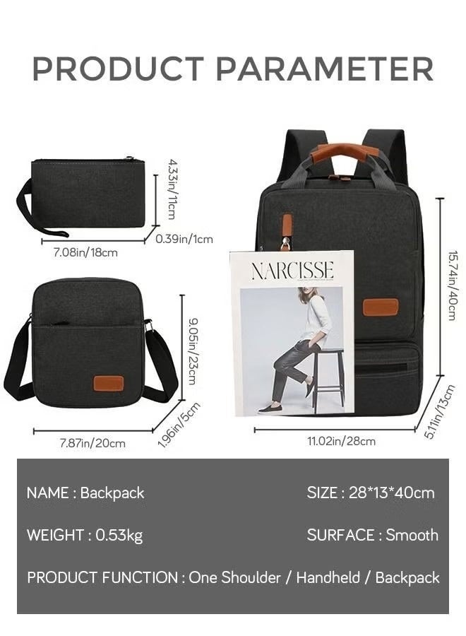 3 Piece Oxford Backpack Set Solid Large Capacity Schoolbag Shoulder Bag Clutch Wear-resistant Anti-theft for College Business Men Black  - Image 5