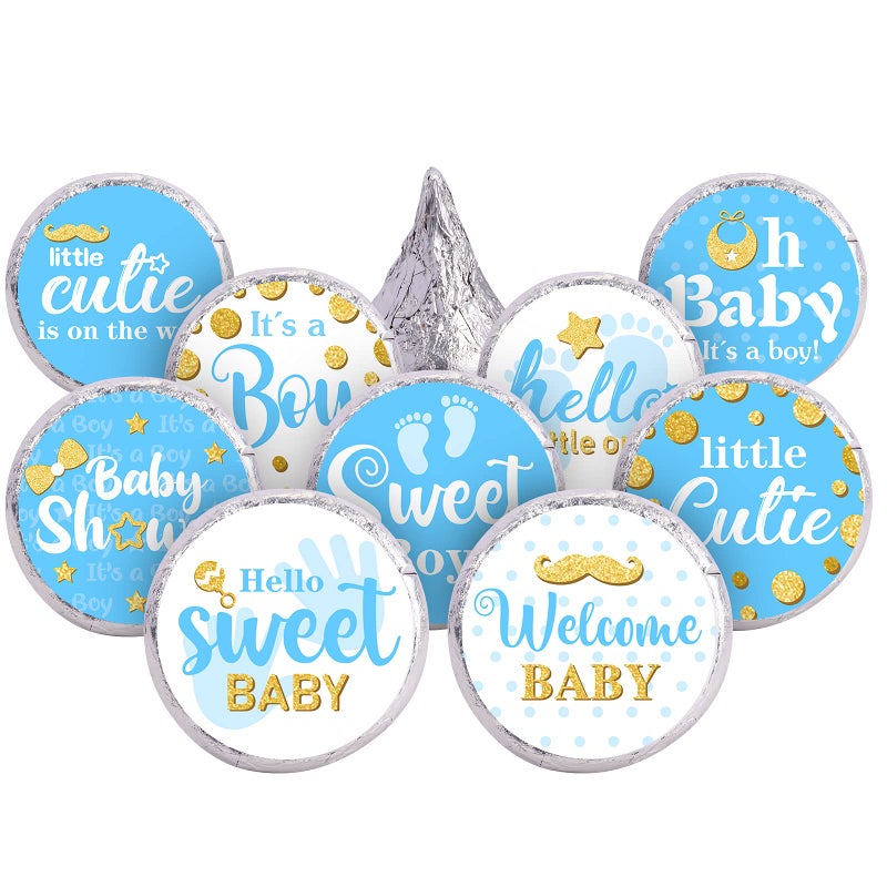 Clabby 504 Pieces Boy Girl Baby Shower Favors Stickers Mini Kisses Candy Stickers Chocolate Drop Labels Wrappers Little Cutie Baby Shower Decoration for Sprinkle Birthday PartyBlue Boy Style - Image 2