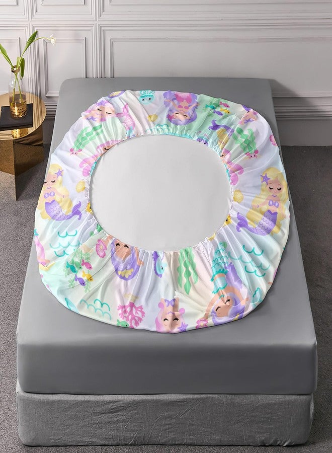 XYNHML Rainbow Mermaid Fitted Sheet Full Size 4Pcs Fairy Tale Sea Shell Grass Quilt Bed Sheet Set Starfish Jellyfish Bedding with Deep Pocket Includes 1 Fitted Sheets & 2 Pillowcases No Flat Sheet - Image 5