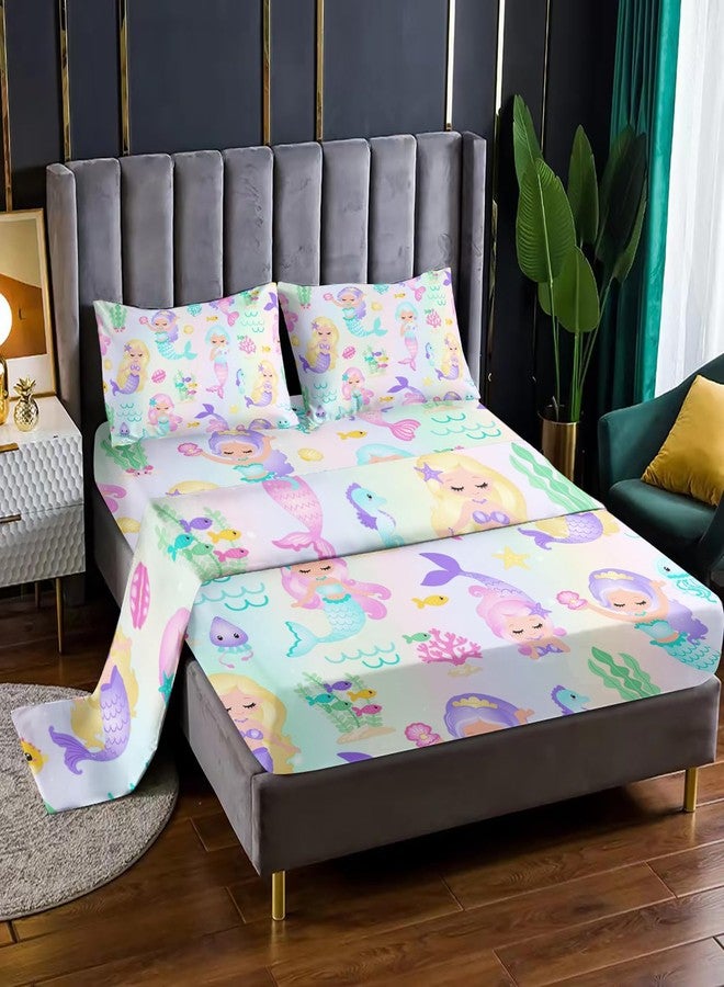 XYNHML Rainbow Mermaid Fitted Sheet Full Size 4Pcs Fairy Tale Sea Shell Grass Quilt Bed Sheet Set Starfish Jellyfish Bedding with Deep Pocket Includes 1 Fitted Sheets & 2 Pillowcases No Flat Sheet - Image 3
