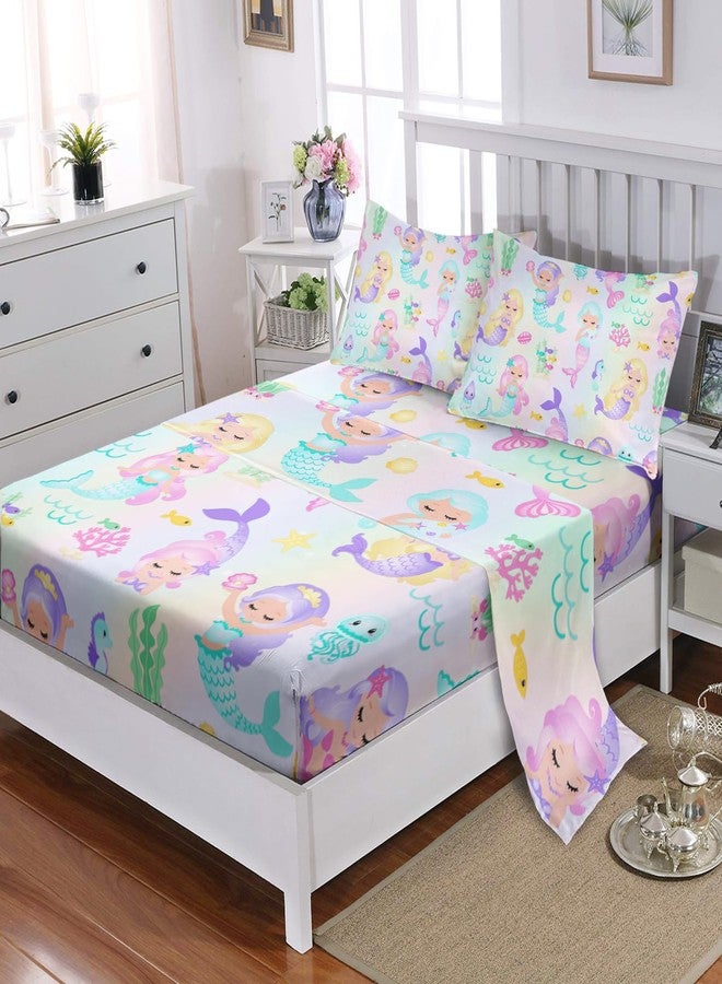 XYNHML Rainbow Mermaid Fitted Sheet Full Size 4Pcs Fairy Tale Sea Shell Grass Quilt Bed Sheet Set Starfish Jellyfish Bedding with Deep Pocket Includes 1 Fitted Sheets & 2 Pillowcases No Flat Sheet - Image 2