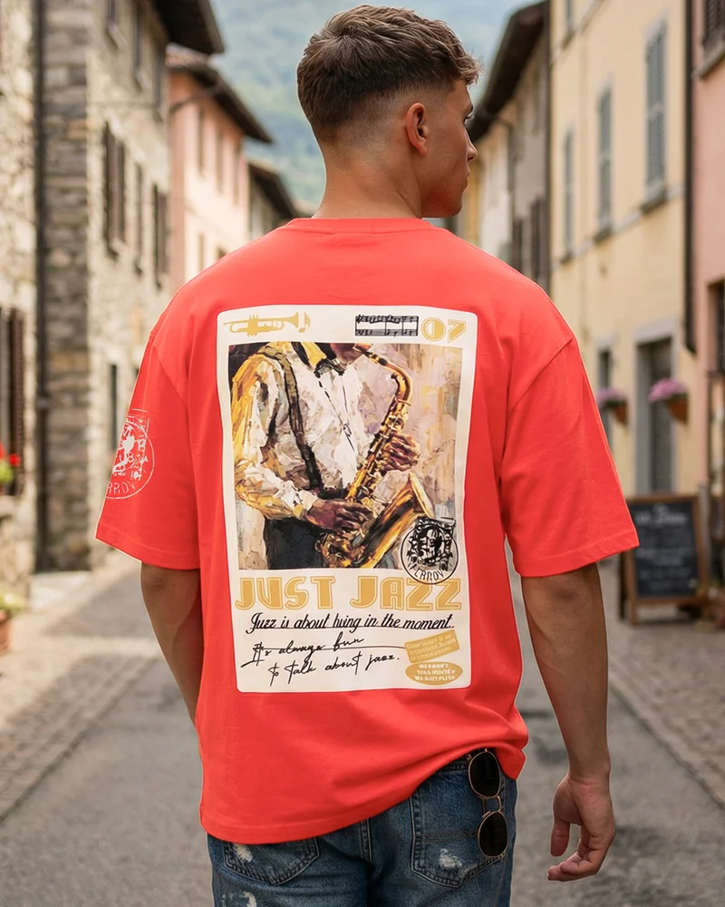 بيواكوف Men's Fiesta Red Jazz Graphic Printed Oversized T-shirt
