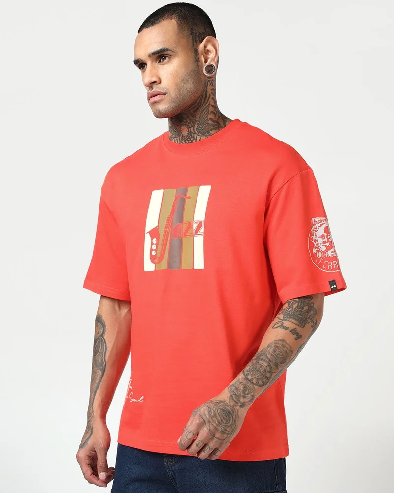بيواكوف Men's Fiesta Red Jazz Graphic Printed Oversized T-shirt