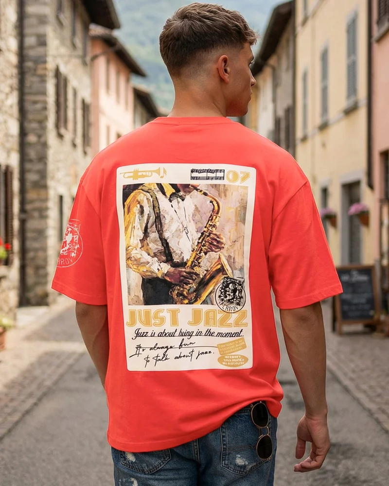بيواكوف Men's Fiesta Red Jazz Graphic Printed Oversized T-shirt