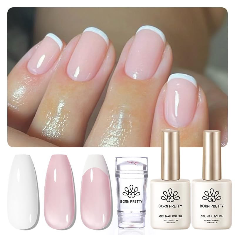 Born Pretty French Manicure Kit, Nail Stamper and 2Pcs Gel Nail Polish, Include Jelly Milky Pink White Colors for French Tip, U V Light Cure - Image 1