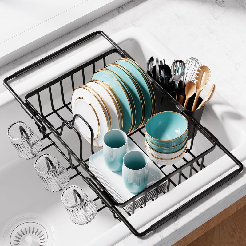 Sakugi Dish Drying Rack in Sink Expandable Stainless Steel Dish Rack Over the Sink Kitchen Sink Drain Strainer with Cutlery Holder Cup Holders 154 x 98 x 30 Inch Black - Image 2