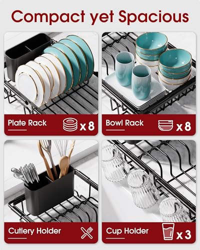 Sakugi Dish Drying Rack in Sink Expandable Stainless Steel Dish Rack Over the Sink Kitchen Sink Drain Strainer with Cutlery Holder Cup Holders 154 x 98 x 30 Inch Black - Image 3