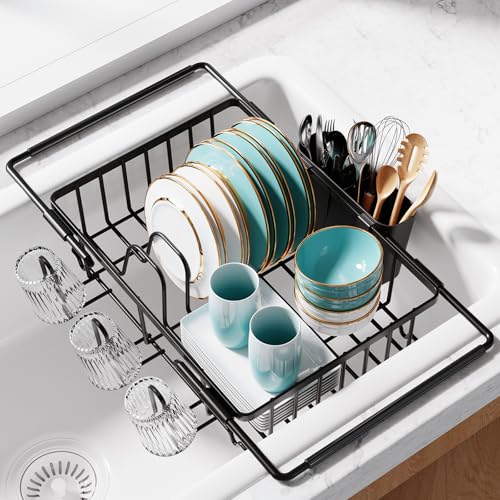 Sakugi Dish Drying Rack in Sink Expandable Stainless Steel Dish Rack Over the Sink Kitchen Sink Drain Strainer with Cutlery Holder Cup Holders 154 x 98 x 30 Inch Black - Image 1