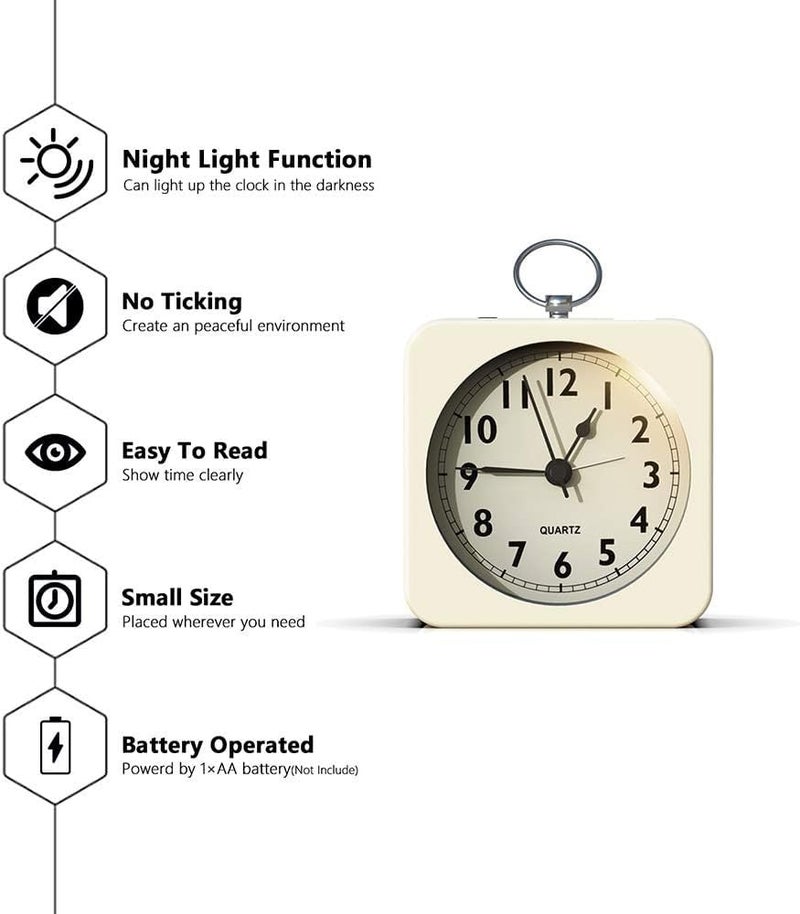 Kadio Battery Operated Alarm Clock with Square Metal CaseNo Ticking Analog Quartz Simple Operation for BedroomTravelDeskMantelKids Cream - Image 2