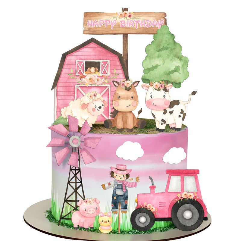 ELEFOCUS Pink Farm Cake Toppers for Farm Animals Birthday Decoration 14 Pcs Farm Animals Cake Becorations Birthday Party Supplies Cow Birthday Party Supplies - Image 2