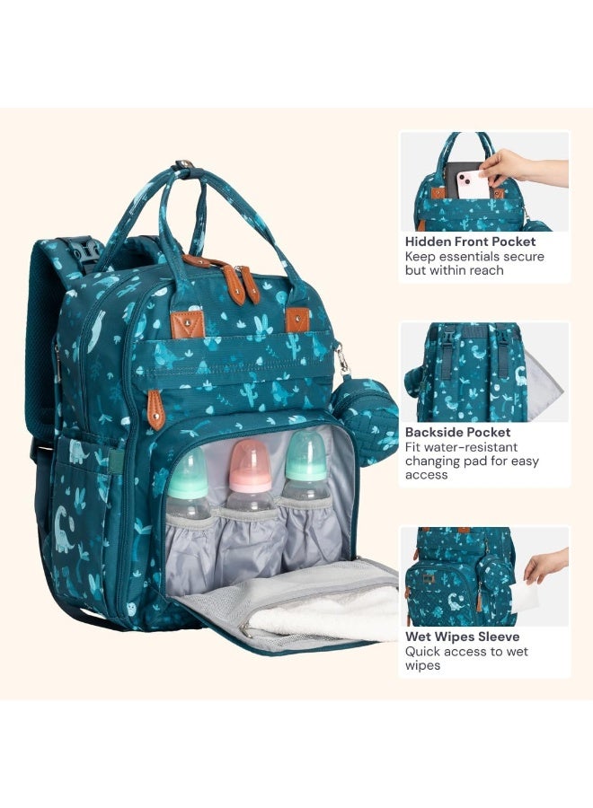 BabbleRoo Diaper Bag Backpack, Baby Essentials Travel Bag with Changing Pad, Stroller Straps & Pacifier Case, Dino - Image 4