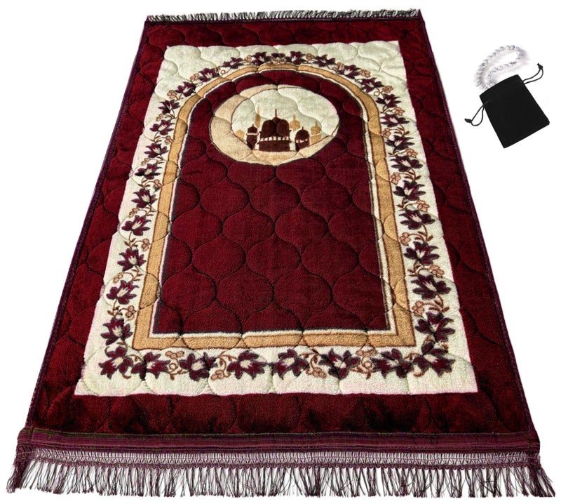 Islamika Prayer Rug Muslim Prayer Mat Islamic  Very Thick Prayer Rug Sajadah for Men Women with Islam Prayer Beads for Eid Travel Ramadan Soft and Luxury RED