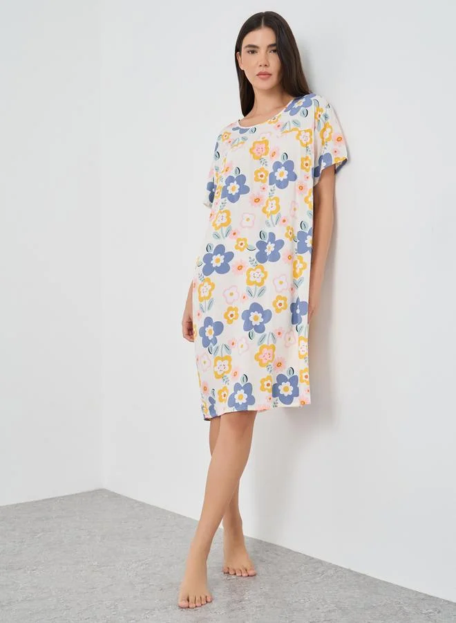 تايك تو Take Two Floral Printed Short Sleeve Midi Nightdress