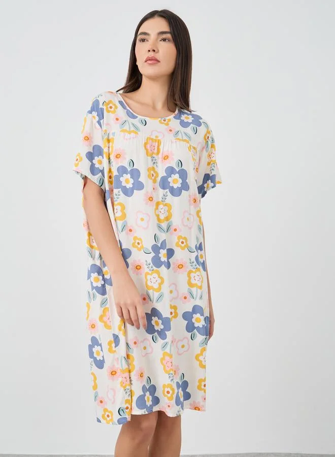 تايك تو Take Two Floral Printed Short Sleeve Midi Nightdress