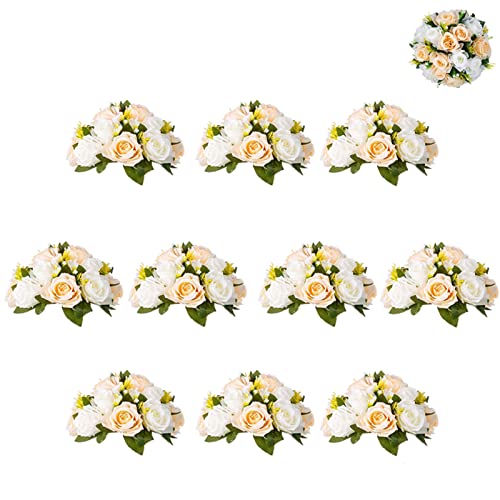 Flower Balls Wedding Rose Centerpieces 10 Pcs Fake Flowers with Base Kissing Balls Decor Champagne White Artificial Floral Arrangements Flower Bouquet of Roses Home Party Table DIY Decorations