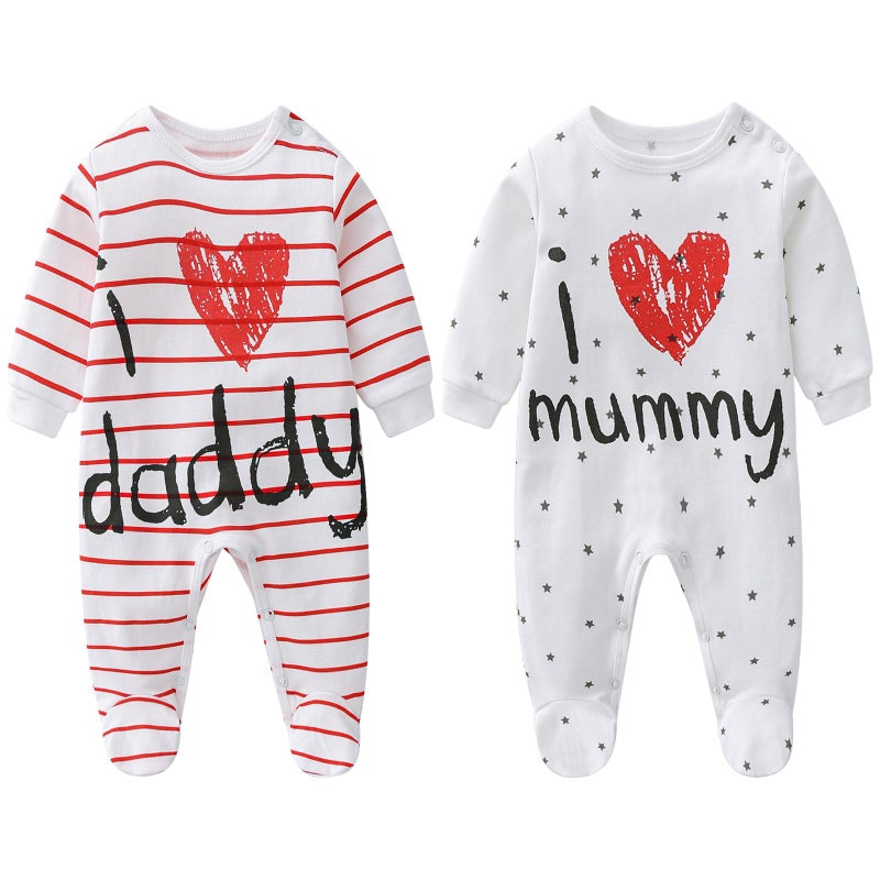 AOMOMO UnisexBaby Clothes Twins Bodysuits I Love Daddy Mummy Romper Set Newborn Cotton Footed Pajamas 03 Months