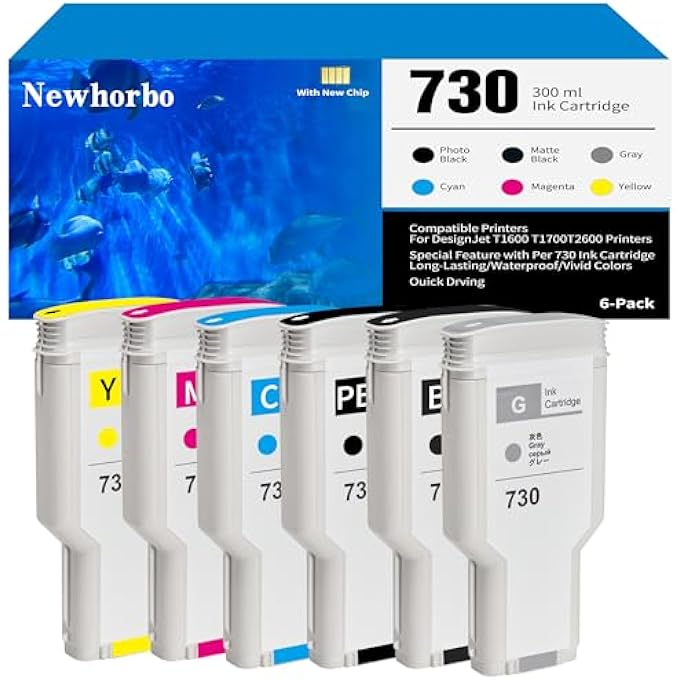 NH خرطوشة حبر 730 بسعة 300 مل P2V68A P2V69A P2V70A P2V71A P2V72A P2V73A متوافقة مع خرطوشة حبر HP 730 بديل لطابعة HP DESIGNJET T1600 T1700 T2600 (عبوة 6)  - Image 2