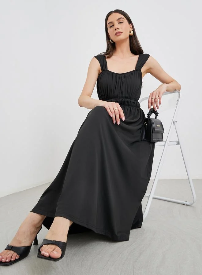 Take Two Take Two Solid Ruched Waist Strappy A-Line Midi Dress