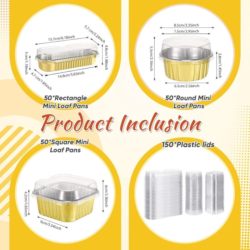 klarako 150 Pcs Mini Cake Pans with Lids Disposable Ramekins 6.8 oz 5 oz Aluminum Foil Cupcake Baking Cups, Rectangle Round Square Cupcake Liners Cake Tins for Flan Muffin Dessert Party Favors, Gold - Image 2