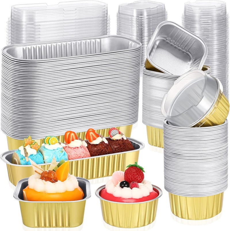 klarako 150 Pcs Mini Cake Pans with Lids Disposable Ramekins 6.8 oz 5 oz Aluminum Foil Cupcake Baking Cups, Rectangle Round Square Cupcake Liners Cake Tins for Flan Muffin Dessert Party Favors, Gold - Image 1