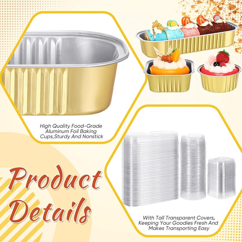 klarako 150 Pcs Mini Cake Pans with Lids Disposable Ramekins 6.8 oz 5 oz Aluminum Foil Cupcake Baking Cups, Rectangle Round Square Cupcake Liners Cake Tins for Flan Muffin Dessert Party Favors, Gold - Image 4