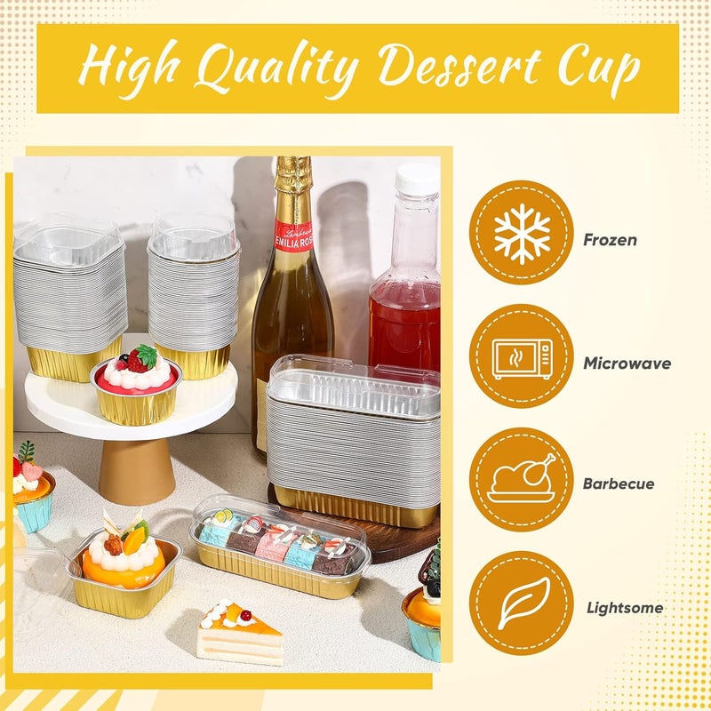 klarako 150 Pcs Mini Cake Pans with Lids Disposable Ramekins 6.8 oz 5 oz Aluminum Foil Cupcake Baking Cups, Rectangle Round Square Cupcake Liners Cake Tins for Flan Muffin Dessert Party Favors, Gold - Image 3