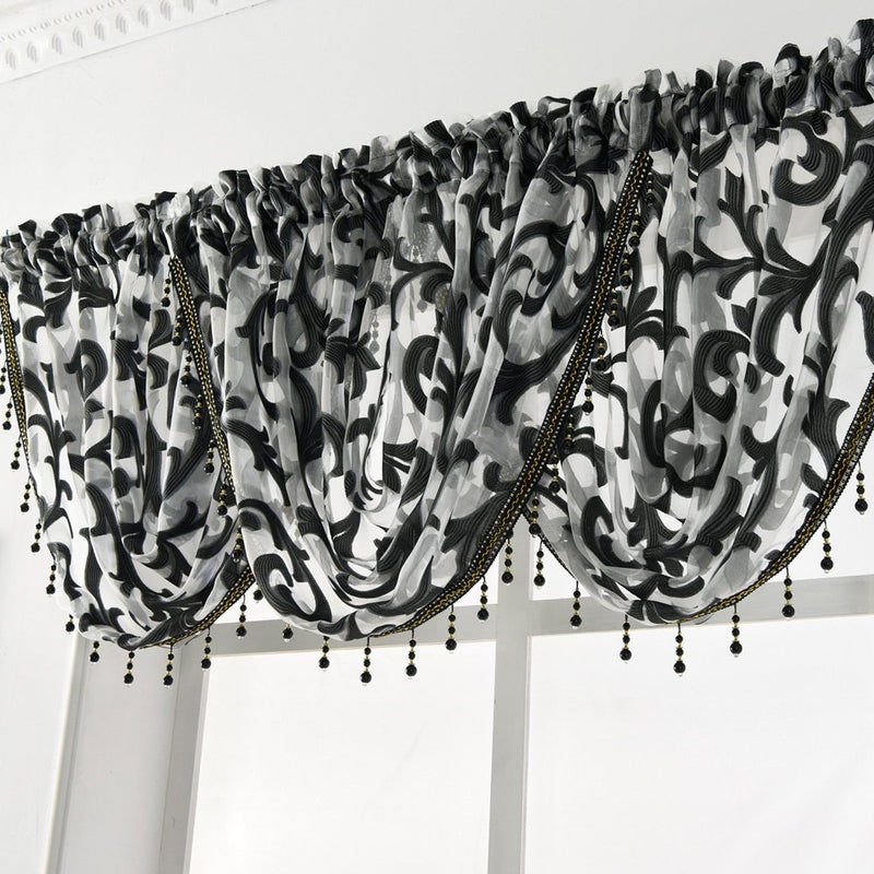 NAPEARL Black Waterfall Window Curtain Valance Jacquard Organza Sheer Bathroom Curtain, Beaded Swag for Small Windows, Kitchen (1 Valance, 40 x 17 Inch) - Image 5
