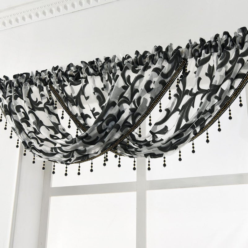 NAPEARL Black Waterfall Window Curtain Valance Jacquard Organza Sheer Bathroom Curtain, Beaded Swag for Small Windows, Kitchen (1 Valance, 40 x 17 Inch) - Image 2